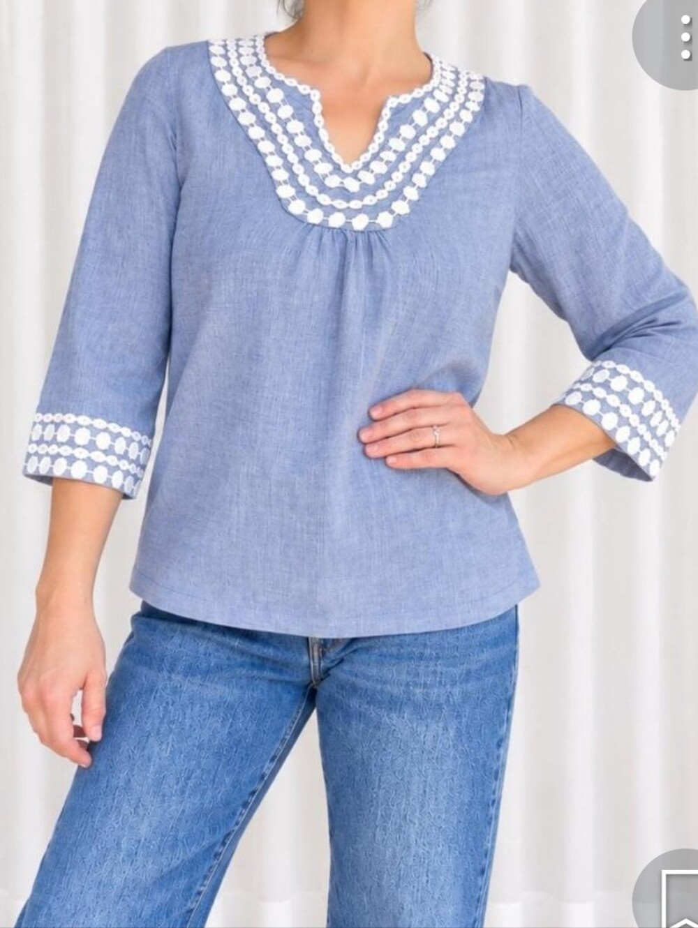 Boden Blue Chambray Embroidered Tunic Top Size 10 Boho Cottagecore 3/4 Sleeve